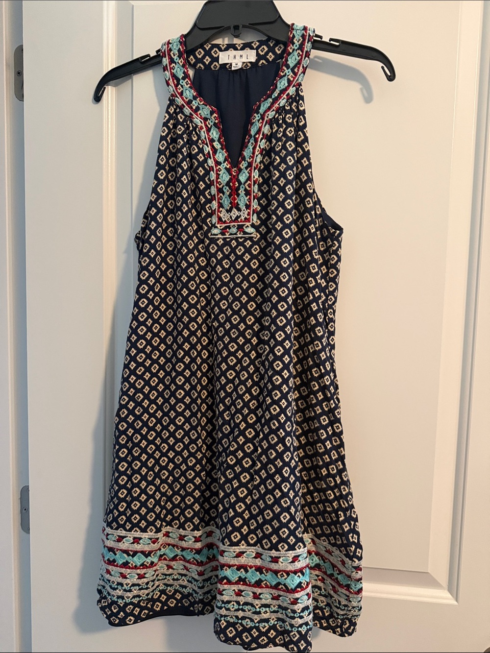 THML Navy Embroidered Sleeveless Boho Swing Dress Medium